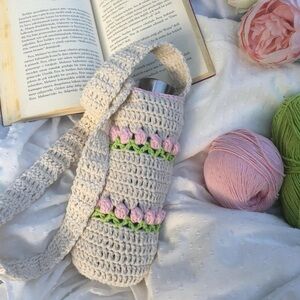 handmade crochet pink tulips water bottle sling bag